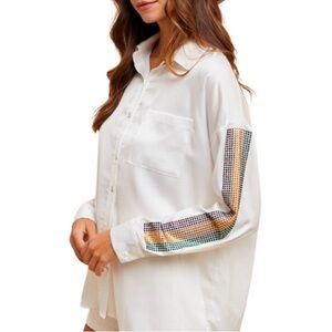 MARDI GRAS STRIPE EMBELLISHED SLEEVE
SATIN SHIRT